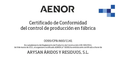 Certificado AENOR Arysan